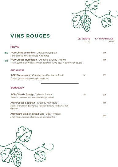 Liste de vins rouges avec noms et prix, décorée de motifs de feuilles de vigne.