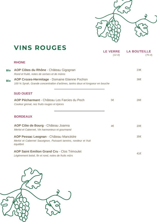 Liste de vins rouges avec nom et prix, ornée de motifs de feuilles de vigne.