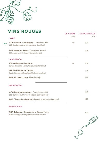 Liste de vins rouges avec leurs noms et leurs prix.