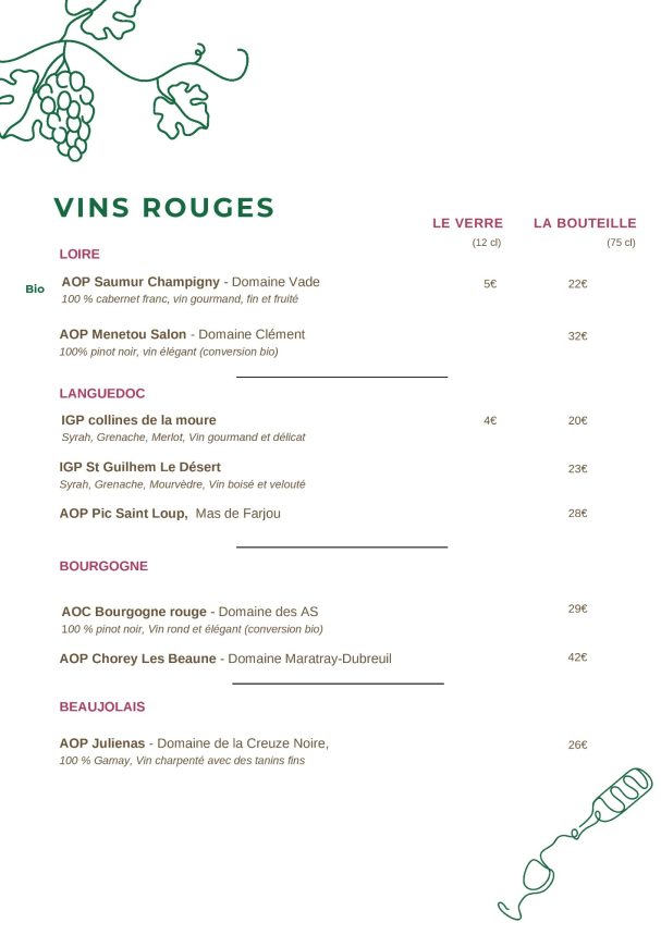Liste de vins rouges avec noms et prix.