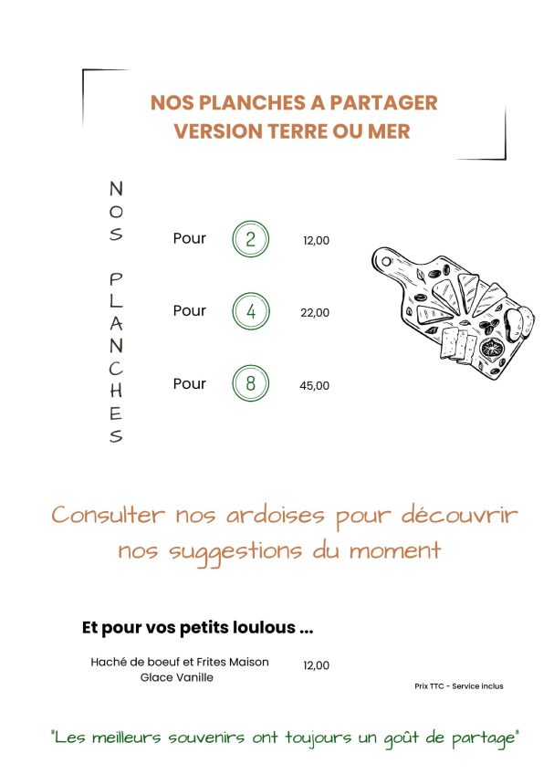 Planches à partager avec des prix et des suggestions de plats.