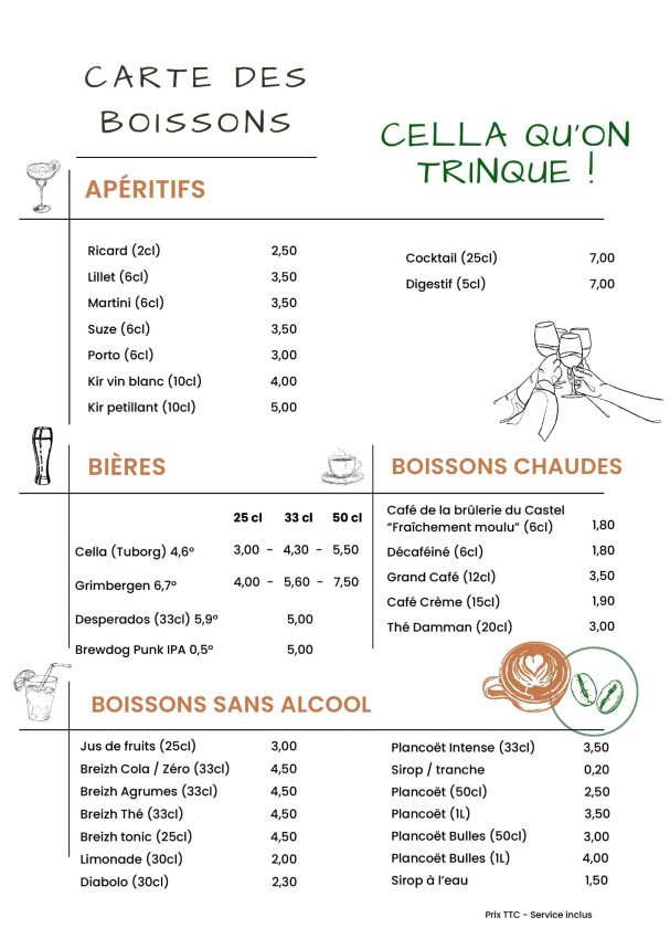 Carte des boissons avec une liste d'apéritifs, bières, boissons chaudes et sans alcool.