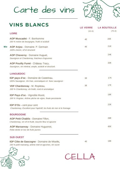 Liste de vins blancs avec noms, prix et détails.