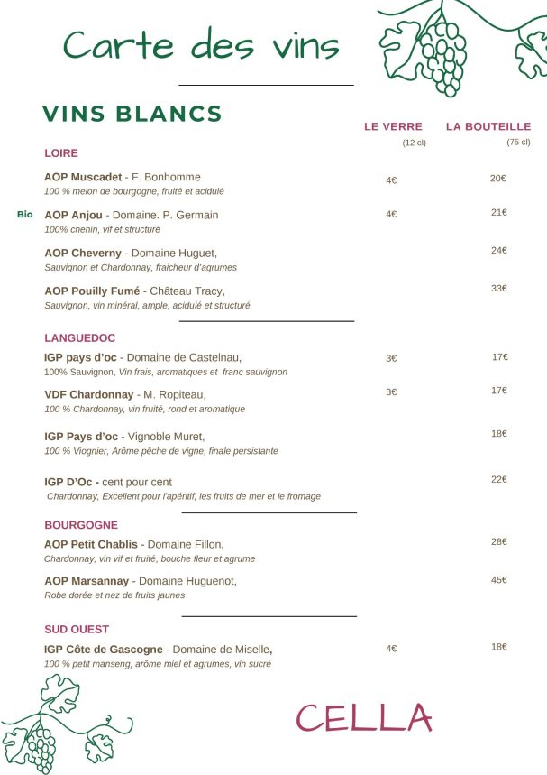 Carte des vins blancs avec descriptions et prix détaillés.