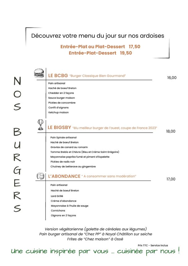Menu des burgers avec descriptions et prix des plats proposés.