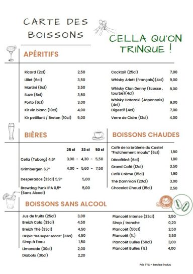 Carte des boissons avec sections pour apéritifs, boissons, et options sans alcool.