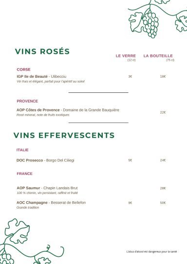 Liste de vins rosés et effervescents avec descriptions et prix.