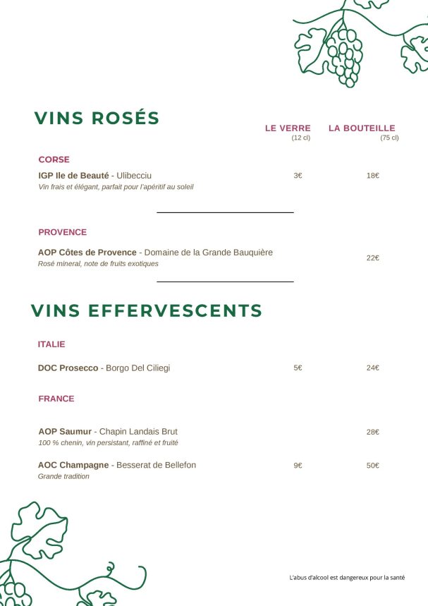 Menu de vins avec des sections pour vins rosés et effervescents, incluant descriptions et prix.
